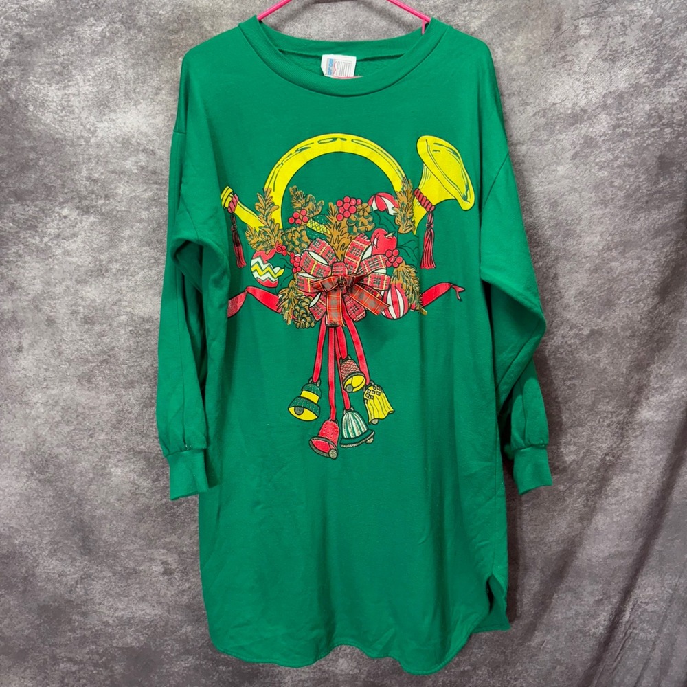 Vintage 80s Bold Spirit Green Christmas Long Graphic Sweatshirt Size L Horn Bow